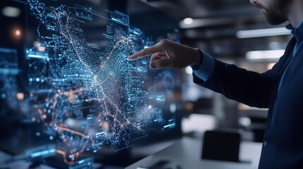 Technology professional touching large interactive screen with holographic map interface, working in dark high tech corporate environment, displaying complex data visualization