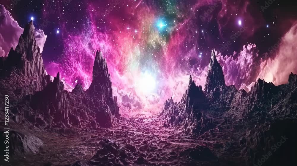Poster cosmic landscape with vibrant colors and celestial elements set in an otherworldly terrain