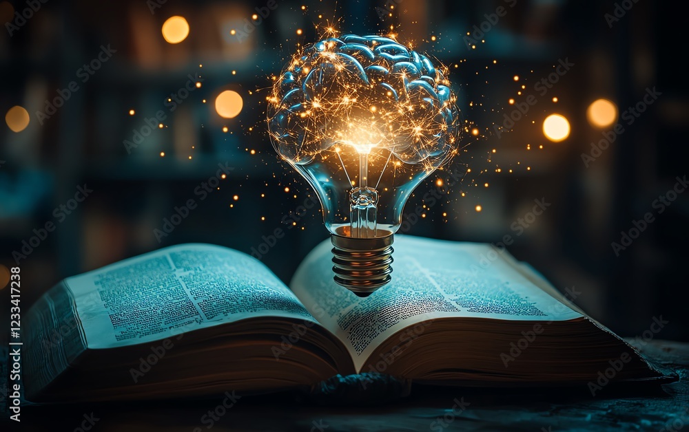 Fototapete a glowing brainshaped light bulb hovering above an open book, with intricate light patterns surround