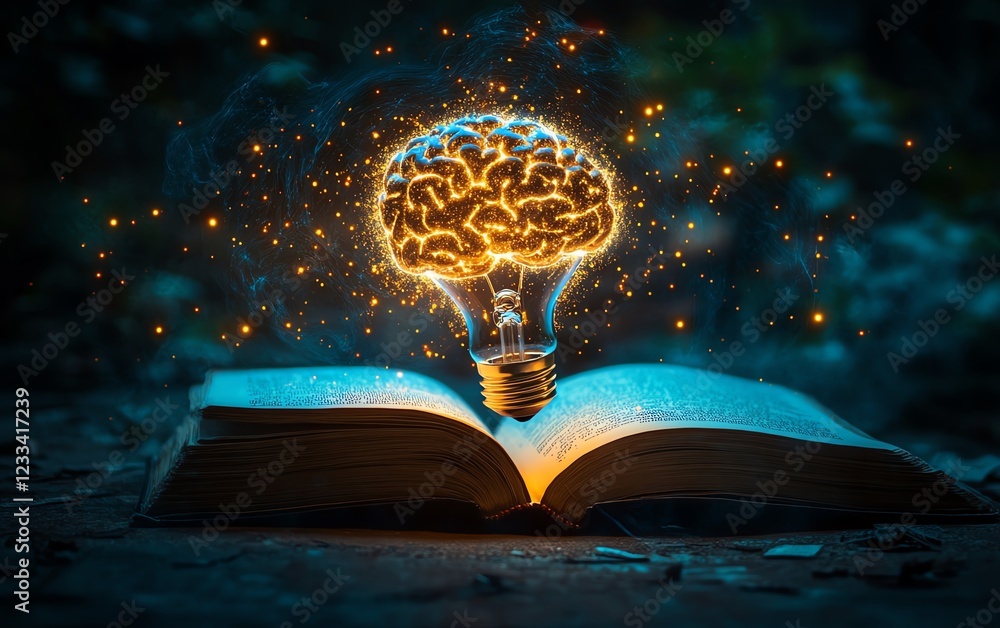 Fototapete a glowing brainshaped light bulb hovering above an open book, with intricate light patterns surround