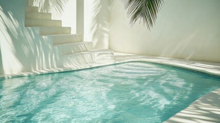 swimming pool edge detail, turquoise mosaic tiles, rippling water surface, palm frond shadows, white stucco wall, soft natural lighting, tropical atmosphere, minimalist pool design, organic light