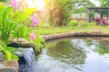 Artificial canal directs clean water into a serene pond, framed by vibrant flowers and lush greenery in soft evening light