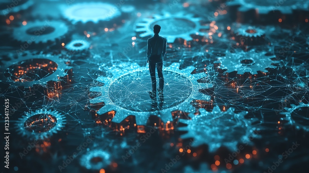 Aufkleber a person standing on interconnected gears, representing productivity, system efficiency, and process