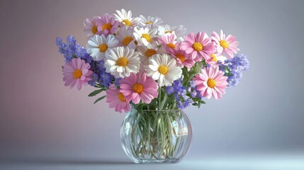 Pretty pink and white daisies in a glass vase