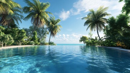tropical infinity swimming pool, vibrant blue water patterns, mature coconut palms, lush green vegetation, caribbean sky backdrop, tranquil water reflections, seamless horizon line, beachside pool