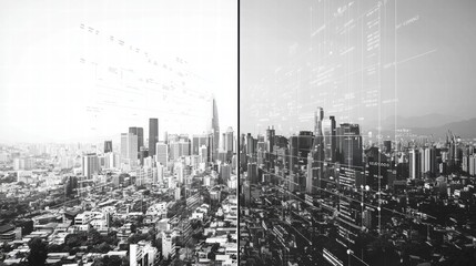 Urban Landscape with Digital Overlay Showing Data Visualization Trends