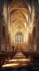Fototapeta premium Sunlit church interior, serene and grand.