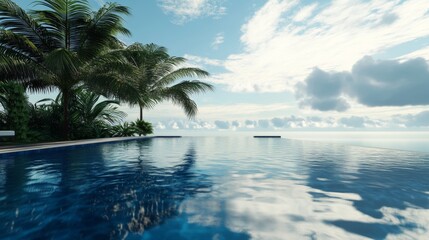 waterfront infinity pool, deep blue rippling surface, majestic palm trees, dense tropical greenery, pristine sky view, floating cloud patterns, serene water textures, coastal resort aesthetic,