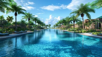 oceanfront swimming pool, turquoise water ripples, tropical palm canopy, exotic garden border, bright summer clouds, seamless water horizon, luxury pool architecture, paradise resort atmosphere,