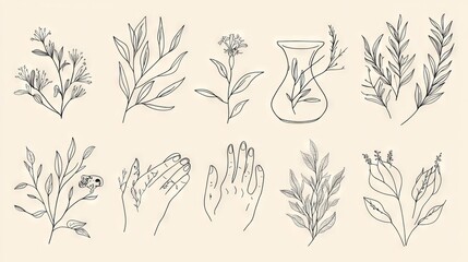 minimalist line art collection, house motifs, delicate botanical elements, simple geometric shapes, hand drawn aesthetic, nurturing hands illustration, wildlife silhouettes, celestial jar design,