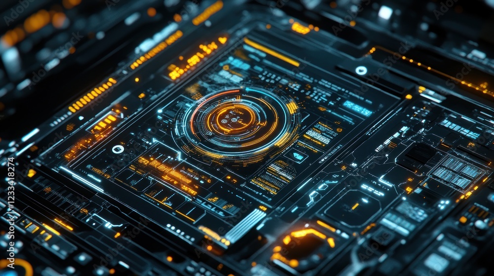 Poster futuristic technology interface: abstract digital circuitry display