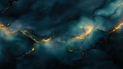 Golden veins in dark teal marble texture, galaxy backdrop, design element