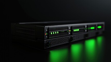 Sleek Black Server Rack with Green Lights Digital Technology Data Center