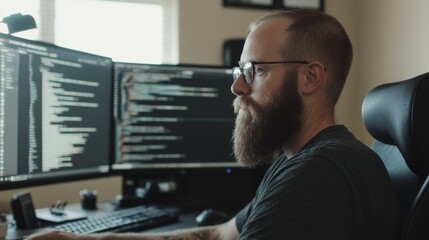 Focused programmer working on dual monitors in a cozy home office with coding displayed