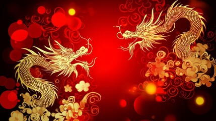 Golden Dragons Dance Amidst Red Festive Clouds