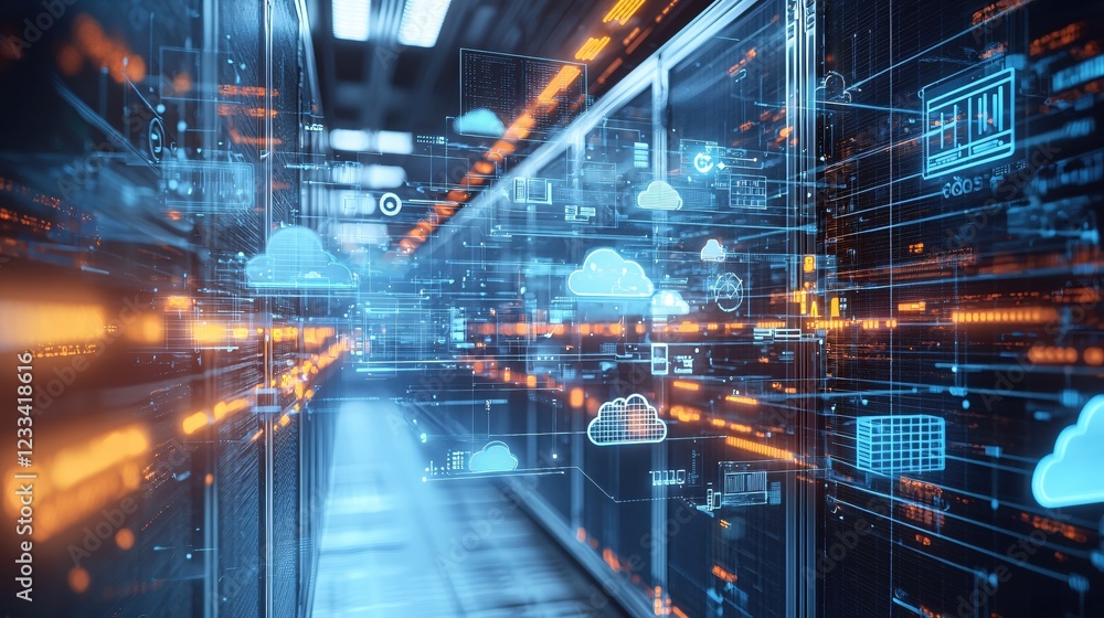Poster futuristic data center server room cloud computing network technology