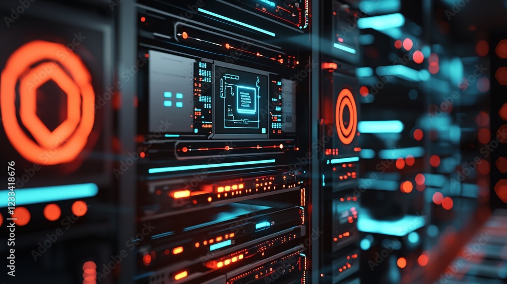 Poster futuristic server room technology data center network infrastructure digital