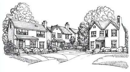 pen and ink house series, quick sketch architecture, mixed residential buildings, loose drawing style, simple tree illustrations, varied building scales, informal architectural drawings, minimal