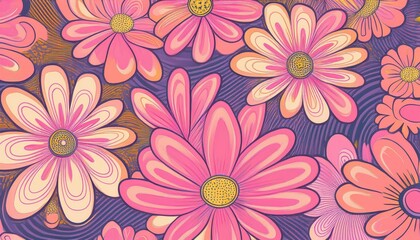 Vibrant Repeating Pink Flowers in a Trendy Girly s Design A Retro Poster with Bold Hues and Elegant Detailing, Perfect for Home Decor, Artwork, or Inspiration.