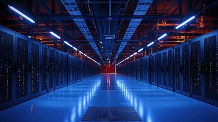 Fototapeta premium Futuristic Server Room Corridor Blue Red Lighting Technology Data Center