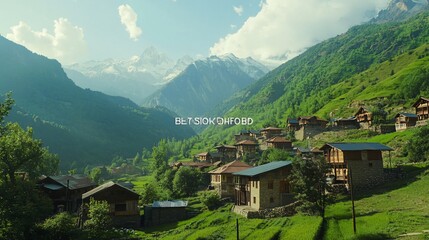 Obraz premium Scenic mountain village nestled amidst lush green hills with snow capped mountains in the background
