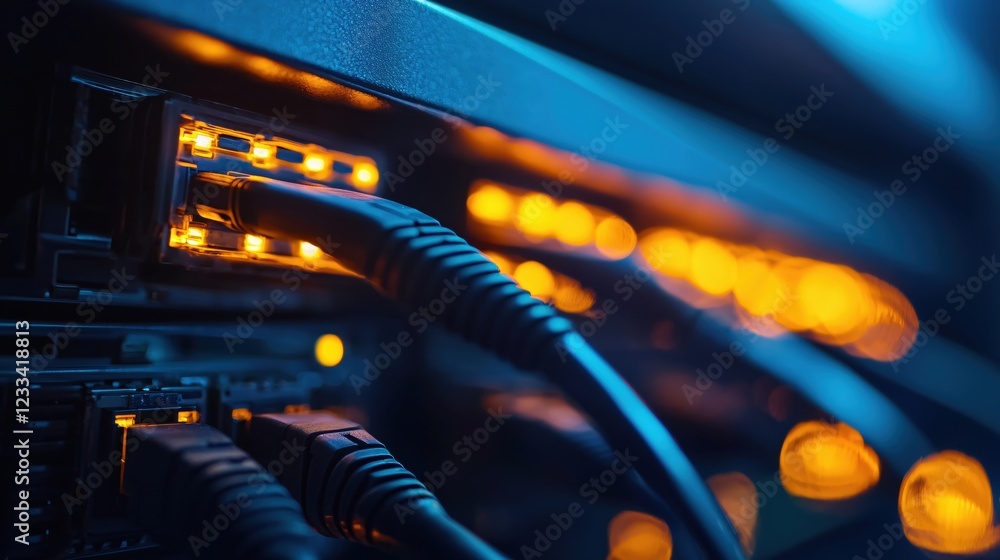 Poster network cables glowing in server rack data center technology connection