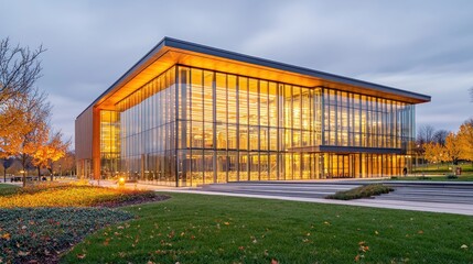 Obraz premium Modern glass building illuminated at dusk. (1)