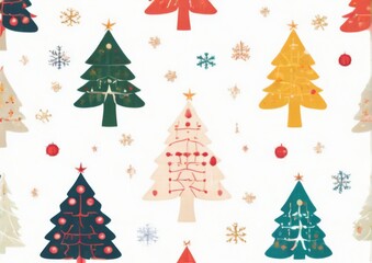 Obraz premium Colorful Christmas tree seamless pattern on white background with unique designs, ornaments, and festive snowflakes.
