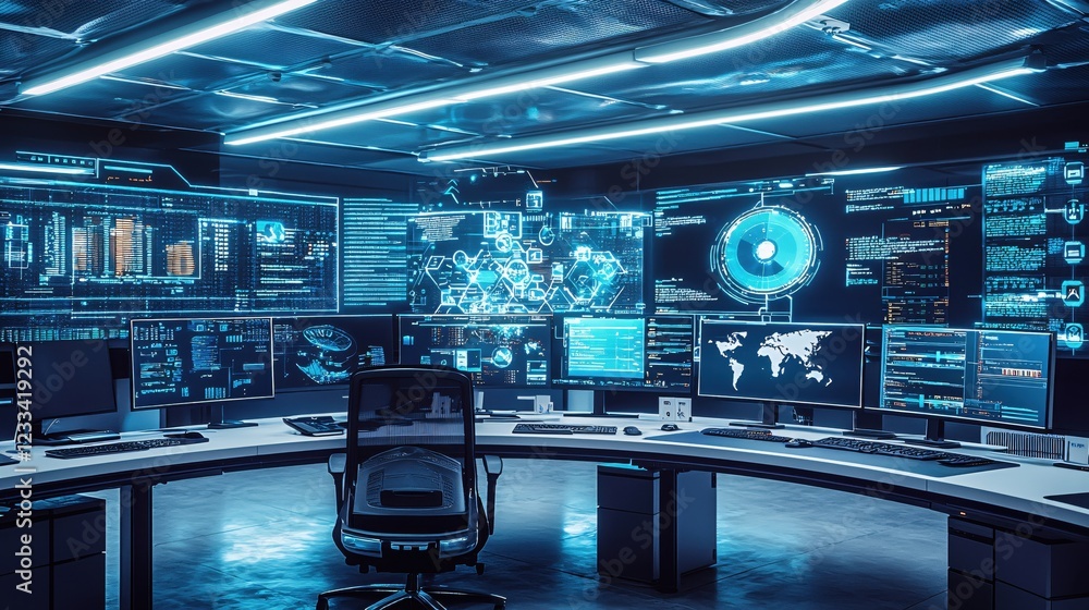 Poster futuristic cyber security control room digital data network monitoring