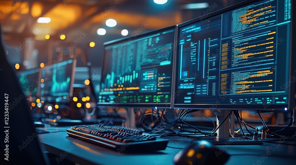 Poster cybersecurity network data center servers high tech coding software development