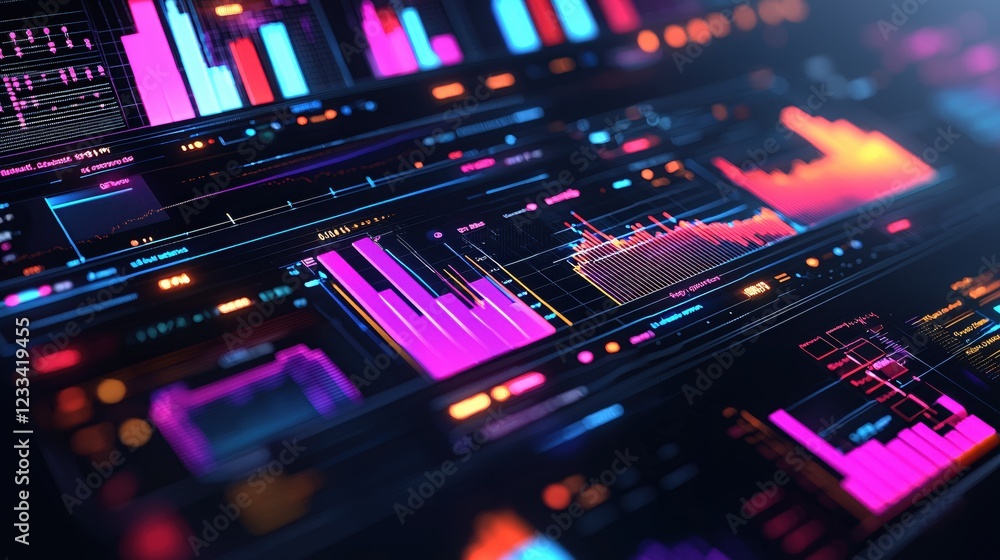 Poster neon data streams futuristic technology charts display