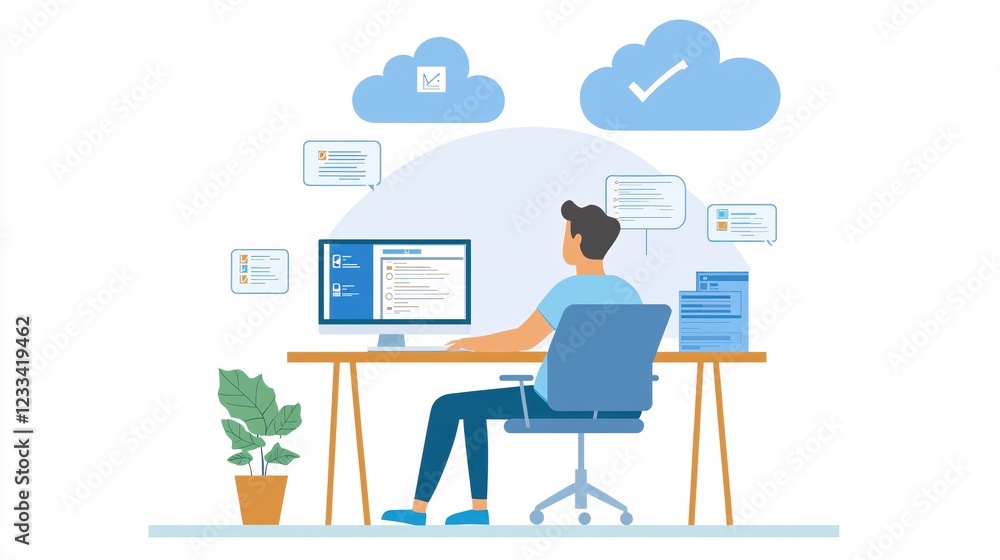 Poster man working remotely on computer with cloud storage and documents