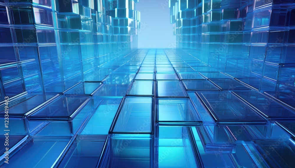 Poster futuristic 3d render of precisely arranged translucent blue blocks, evoking a cool and technological