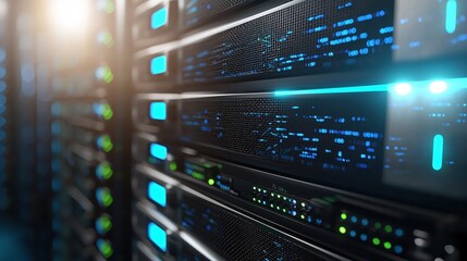 Powerful Data Center Servers Network Technology  Blue Lights Digital Code