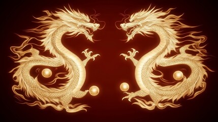 Golden Dragons Symmetrical Design with Yin Yang Balls