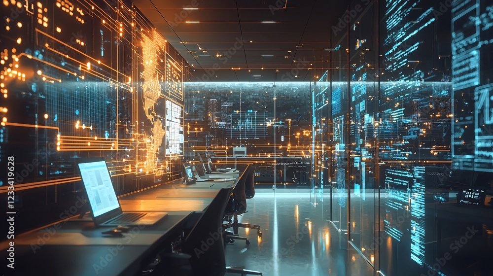 Poster modern tech office futuristic digital data network workspace