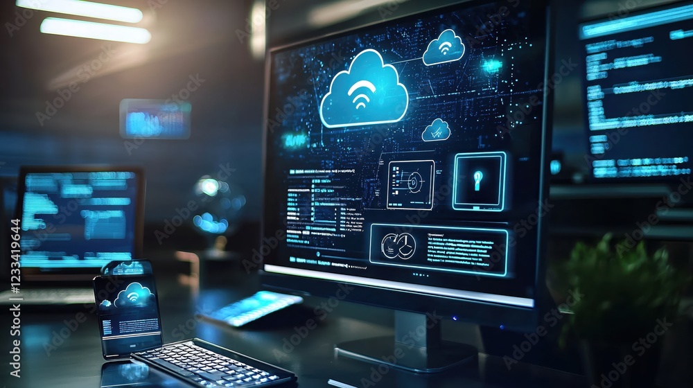 Poster modern cloud computing technology desktop setup digital data network