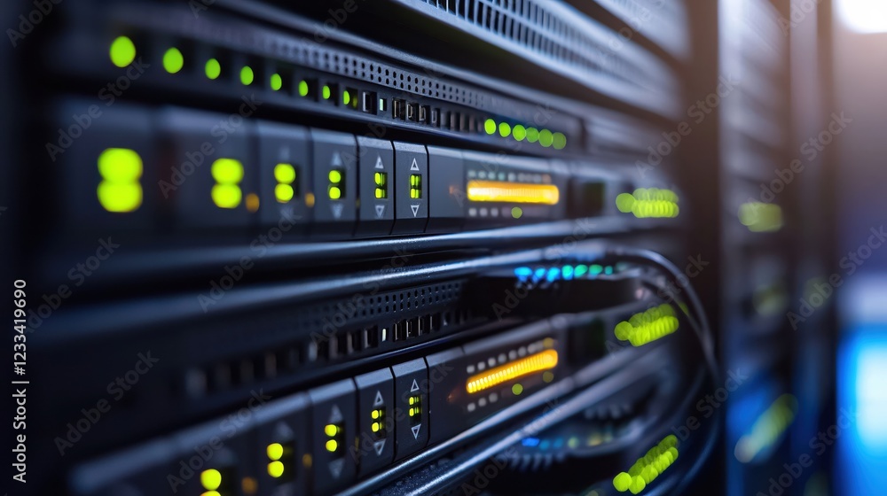 Poster server rack data center technology network infrastructure closeup