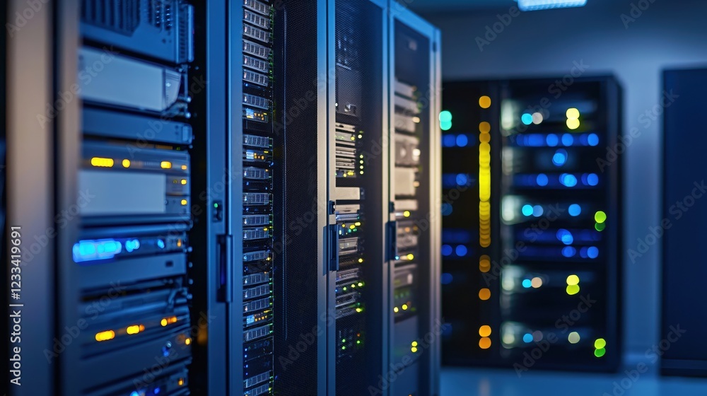 Poster modern data center server room technology network infrastructure