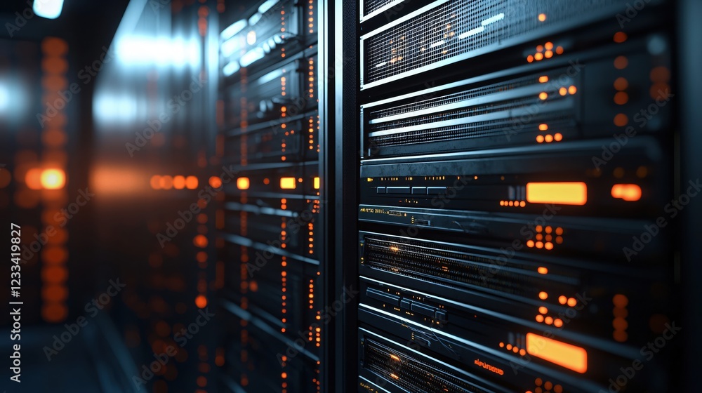 Poster modern server room technology illuminated network data center