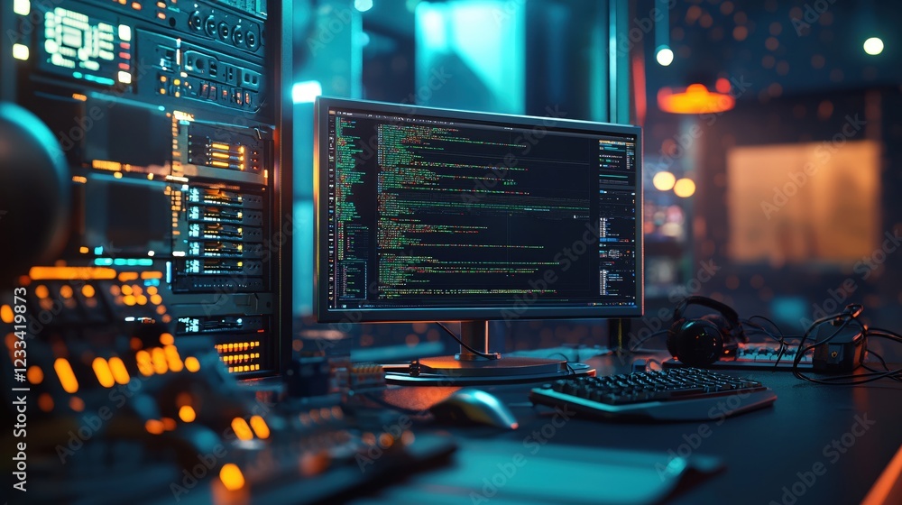 Poster nighttime coder workstation modern technology setup software development