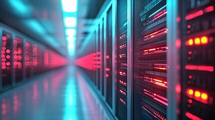 Fototapeta premium Futuristic Server Room Corridor Network Technology Data Center Glow