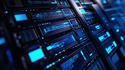 Obraz premium Sleek Blue Illuminated Data Server Rack Technology
