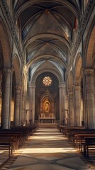 Fototapeta premium Sunlit stone church interior