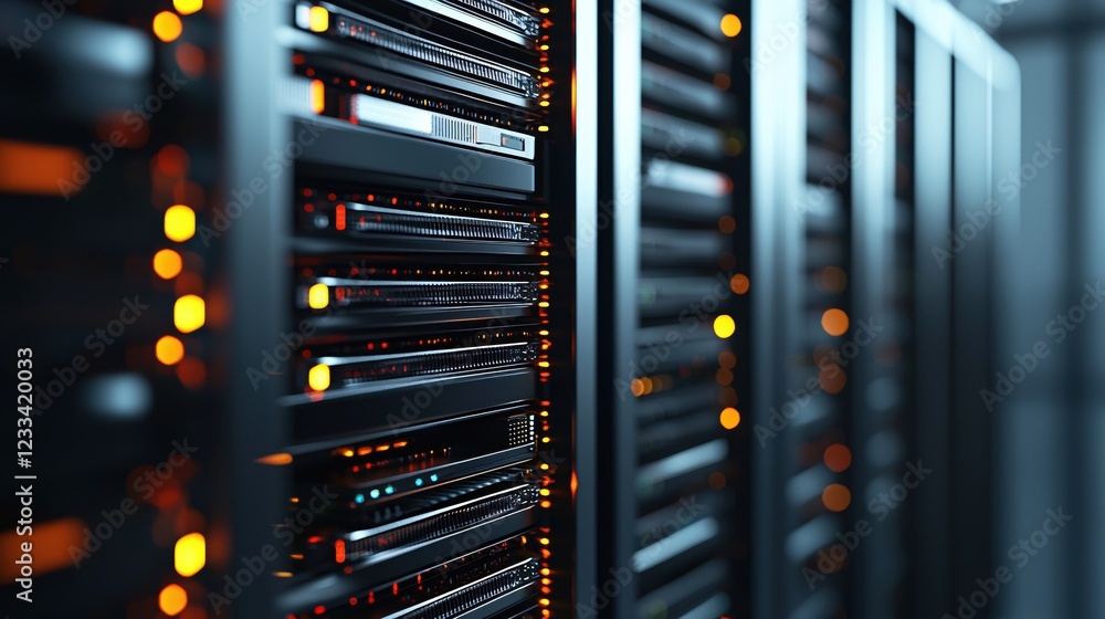 Poster illuminated server racks in modern data center technology