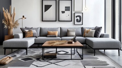 modern living room decorating, gray sofa setting, black frame arrangement, scandinavian interior design, light wood furniture, dried wheat centerpiece, contemporary coffee tables, geometric pattern