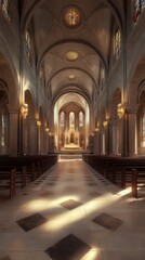 Sunlit church aisle, peaceful sanctuary