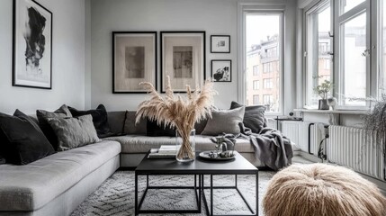 modern living room decorating, gray sofa setting, black frame arrangement, scandinavian interior design, light wood furniture, dried wheat centerpiece, contemporary coffee tables, geometric pattern