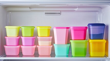 collection of colorful meal prep containers neatly organized in a refrigerator. Copy space above. Healthy meal preparations 