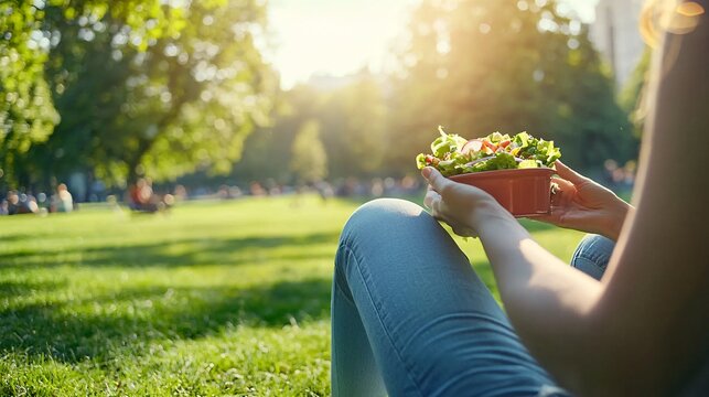 person enjoying a healthy lunch break in a park, eating a salad. Copy space to the left. Healthy meal preparations 